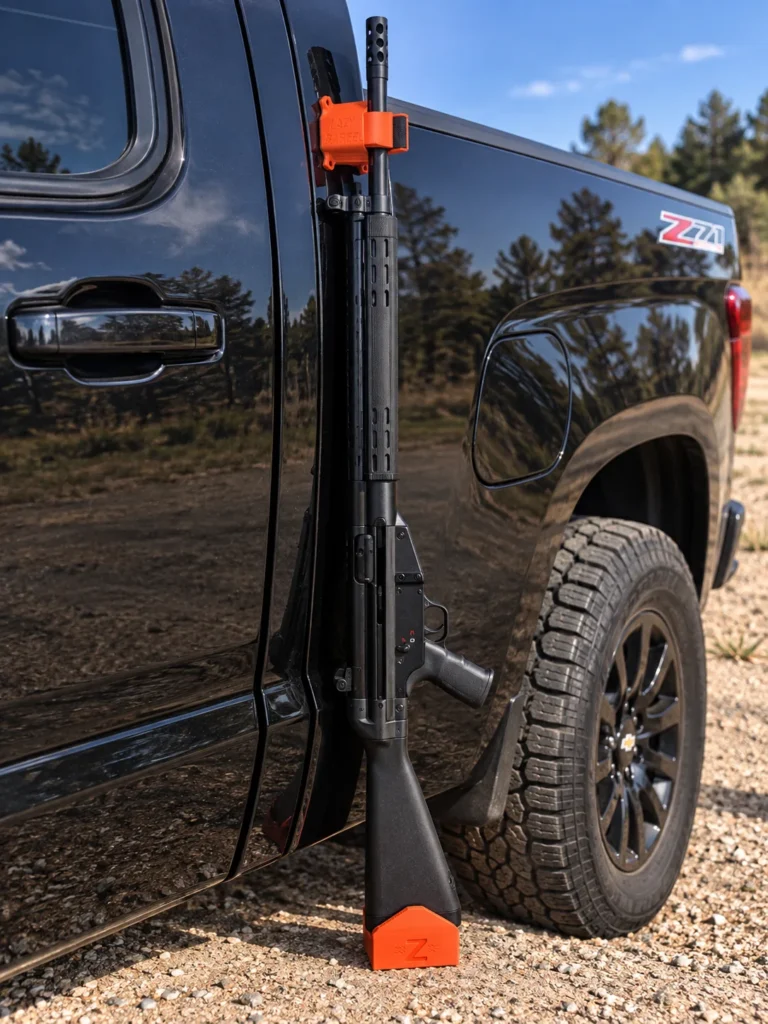Orange Lazy Barrel magnetic mount holding a gun upright against a black pickup truck, with the stock resting on the orange butt stand